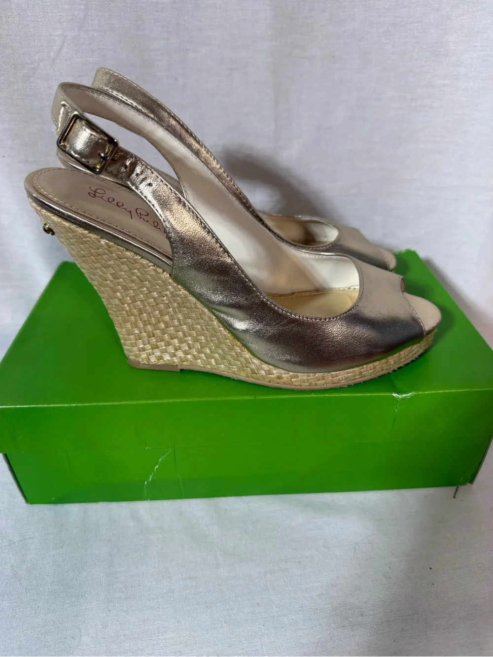 Lilly Pulitzer Gold Peep-Toe Wedge Slingback Sandals Size 9.5